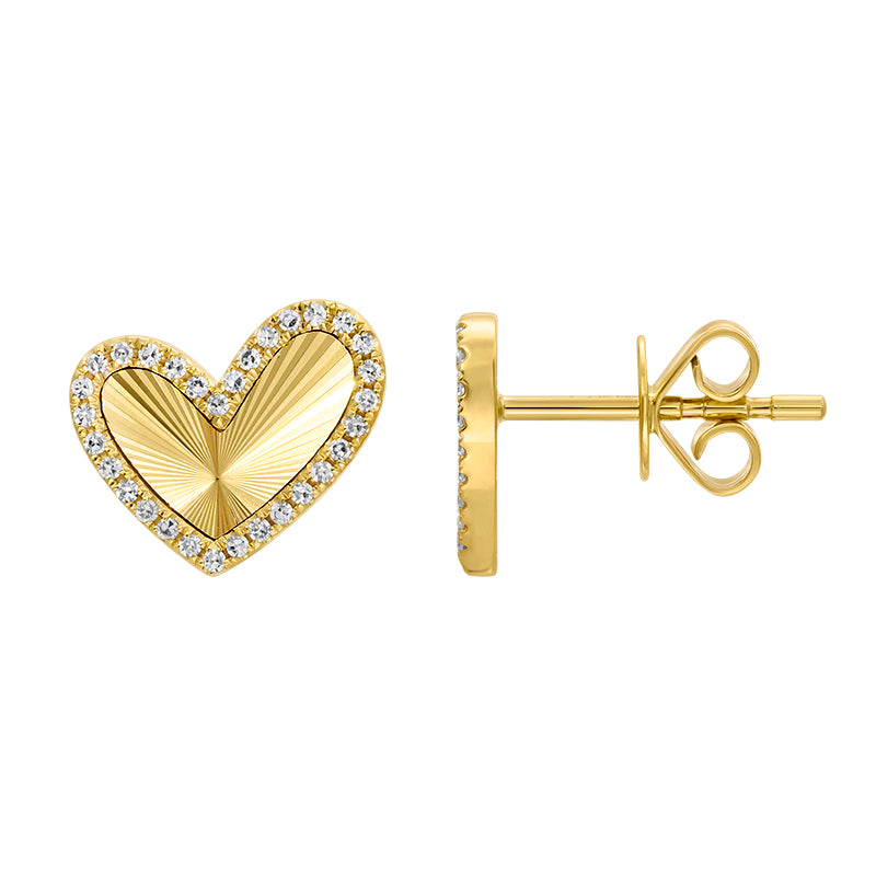 Fluted Gold Heart Shaped Diamond Stud Earrings
