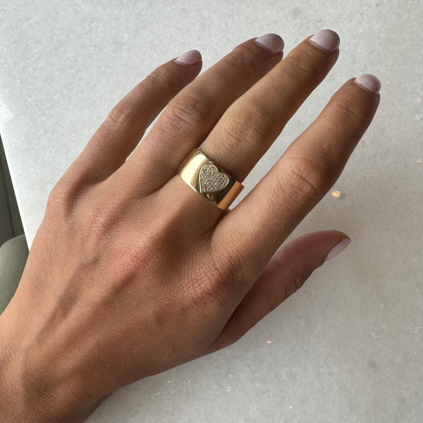 Wide Gold Band & Diamond Heart Ring