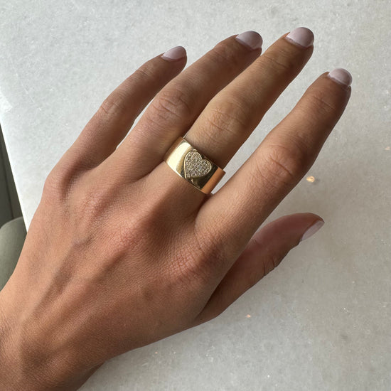 Wide Gold Band & Diamond Heart Ring