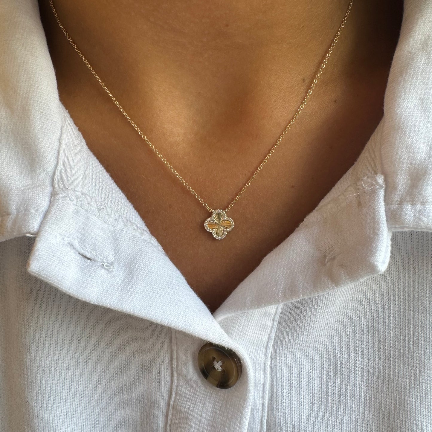 Mini Fluted Gold & Diamond Clover Necklace