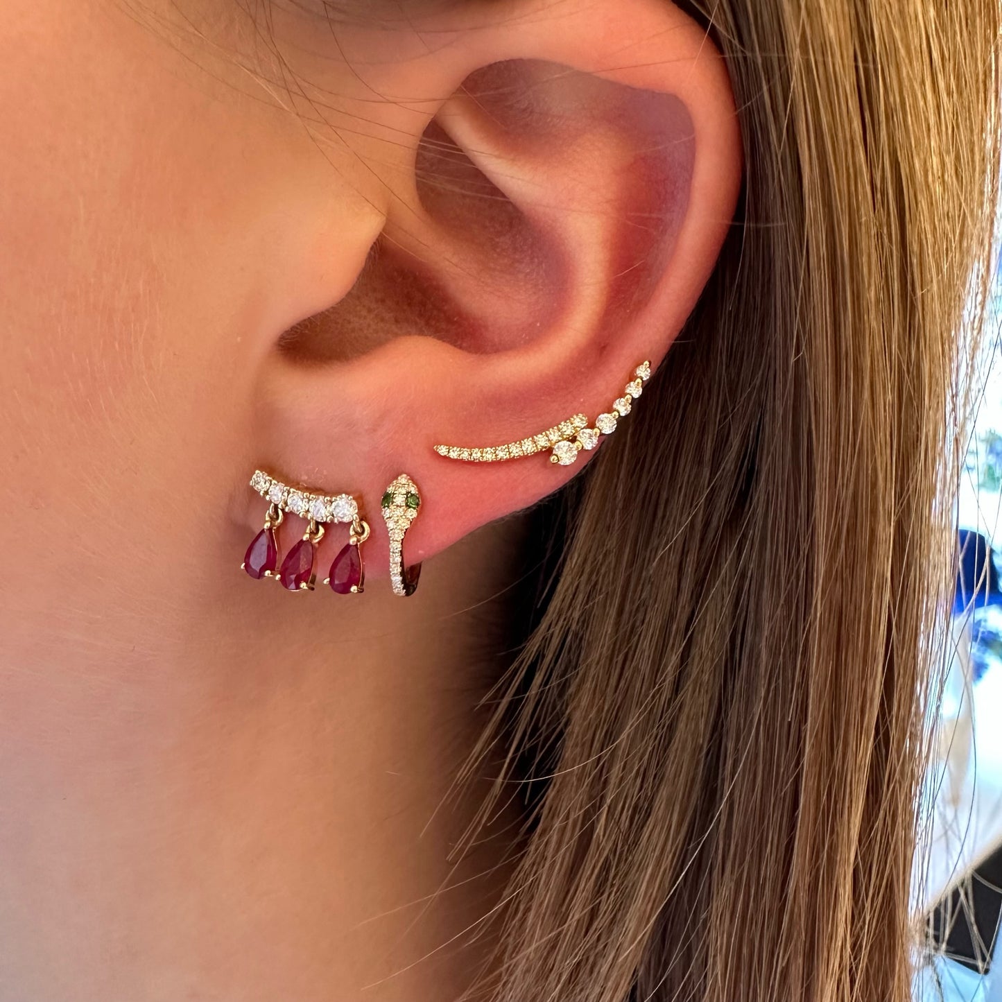 Diamond Bar & 3 Hanging Pear Shaped Rubies Earrings