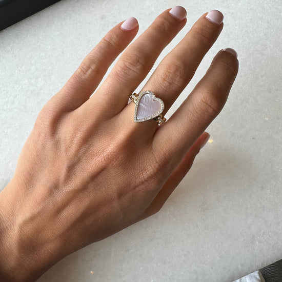 Pink Mother of Pearl Heart & Diamond Halo Gold Link Ring