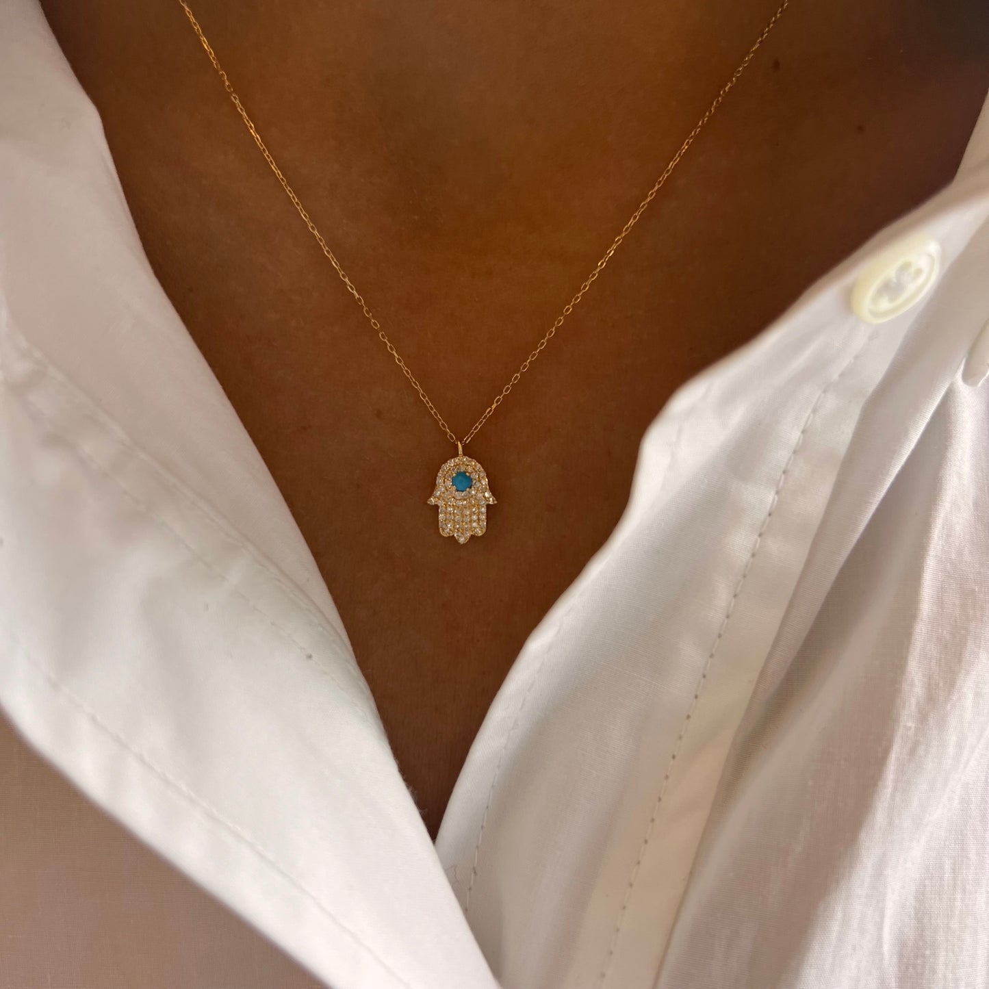Dainty Diamond & Turquoise Hamsa Necklace, 18K Gold