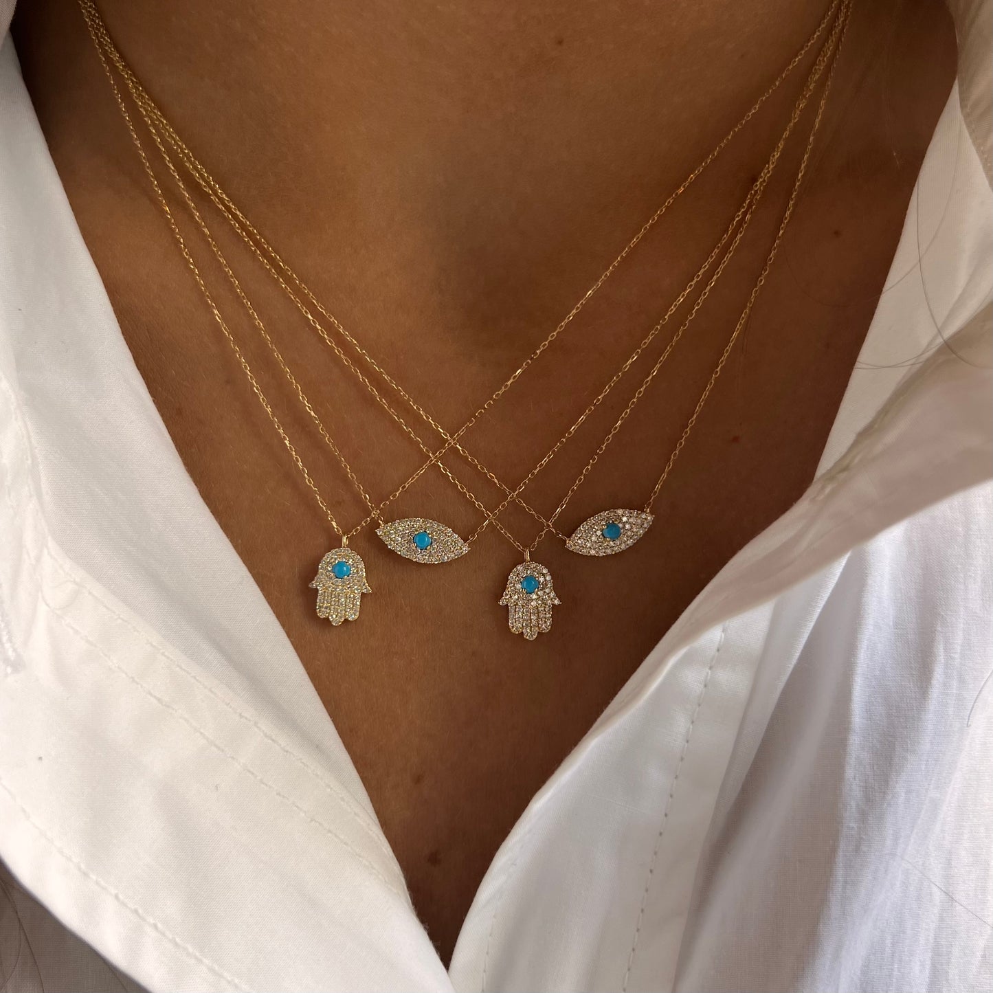 Dainty Diamond & Turquoise Hamsa Necklace, 18K Gold