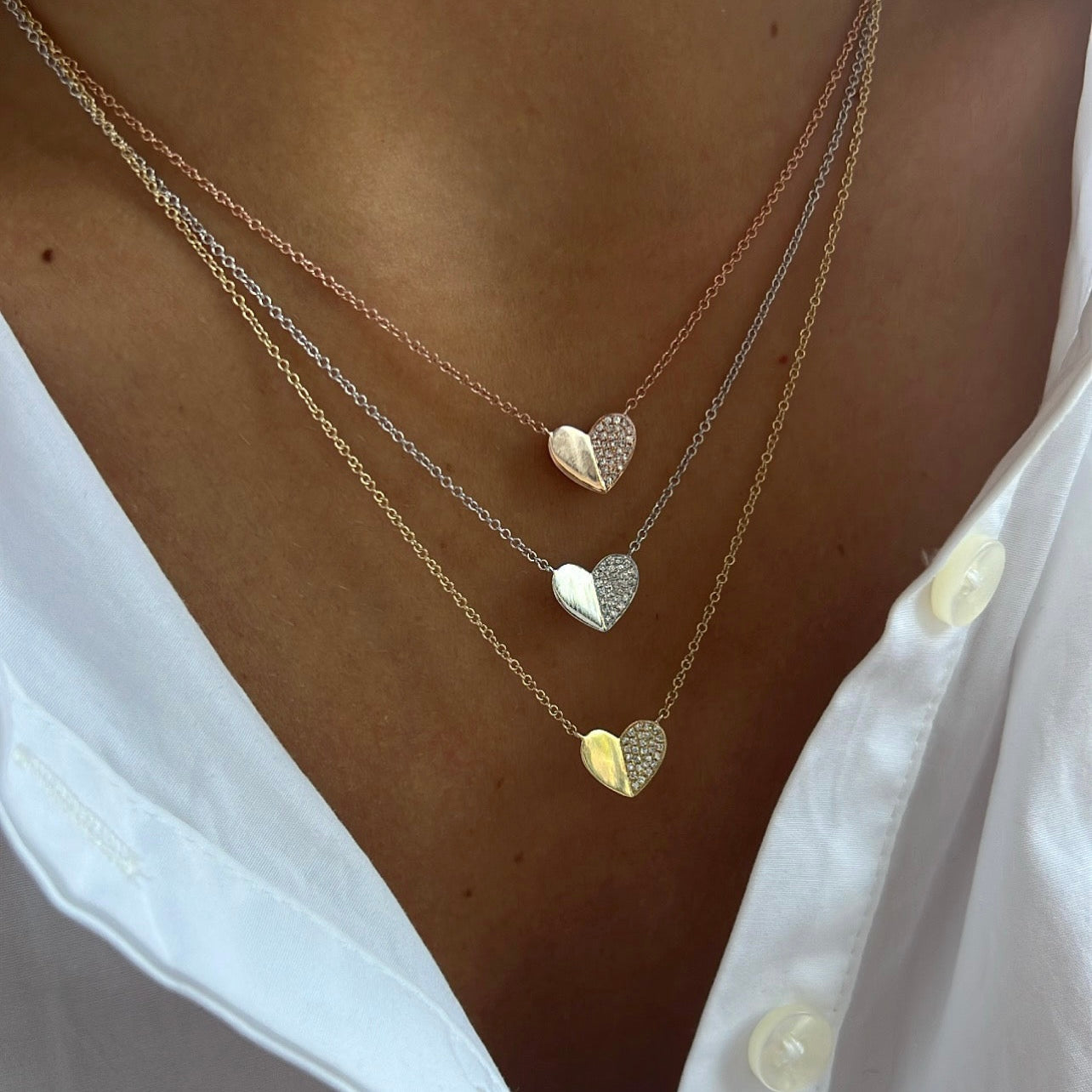 Half Diamond Half White Gold Heart on Chain Necklace