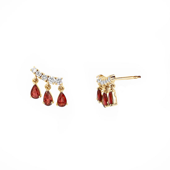 Diamond Bar & 3 Hanging Pear Shaped Rubies Earrings