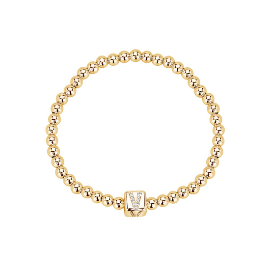 Cube Initial 4 mm Stretch Ball Bracelet, 6.25", Yellow Gold