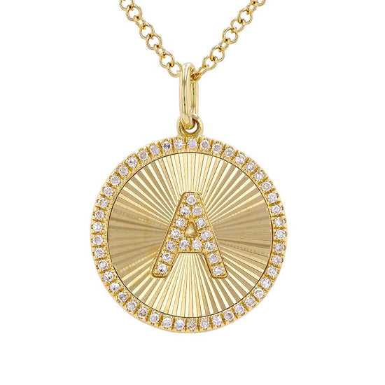 Fluted Disc Diamond Initial Charm Necklace