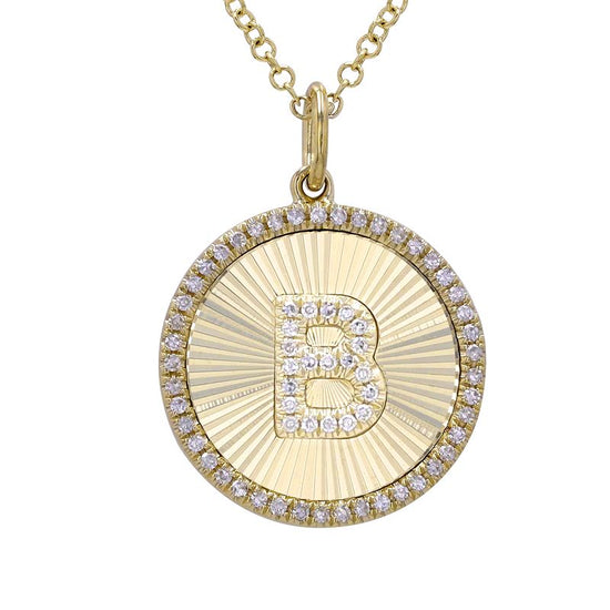 Fluted Disc Diamond Initial Charm Necklace