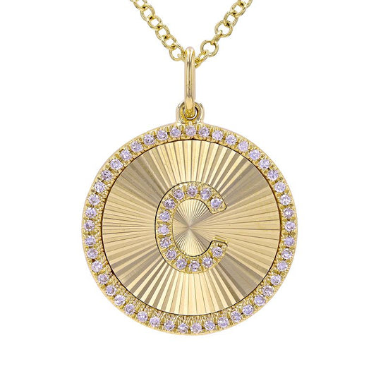 Fluted Disc Diamond Initial Charm Necklace