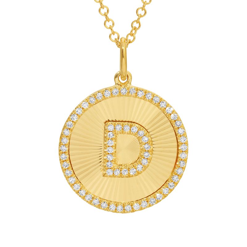 Fluted Disc Diamond Initial Charm Necklace