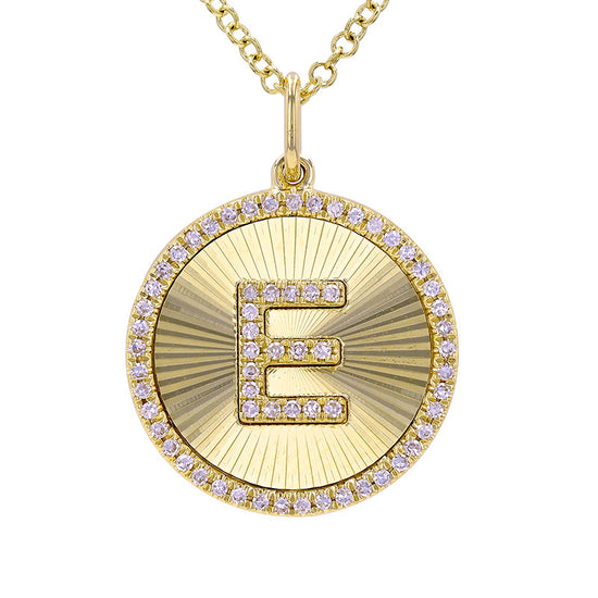 Fluted Disc Diamond Initial Charm Necklace