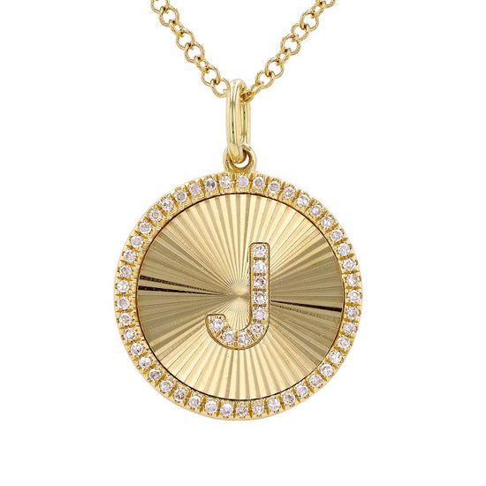 Fluted Disc Diamond Initial Charm Necklace