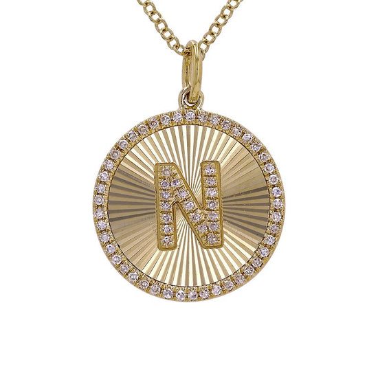 Fluted Disc Diamond Initial Charm Necklace