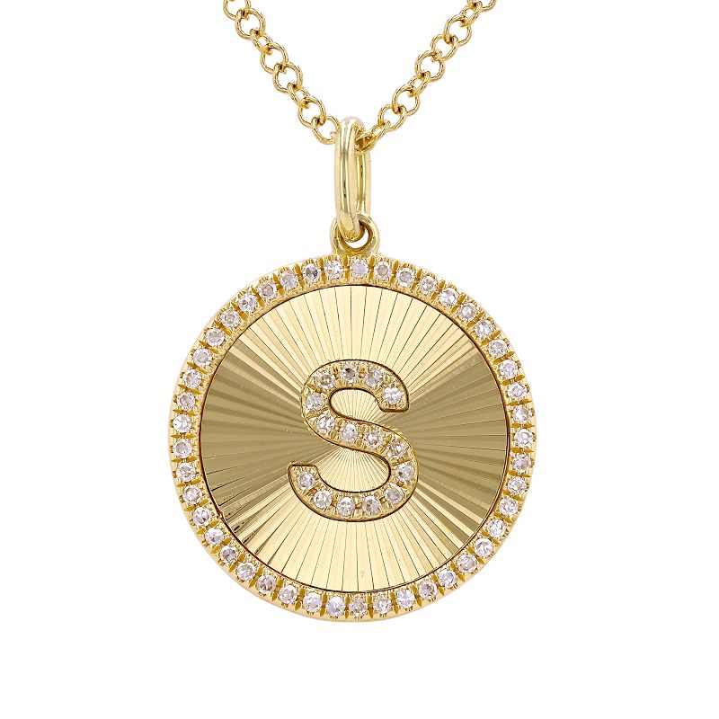 Fluted Disc Diamond Initial Charm Necklace