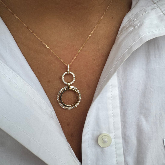 Double Open Circle Necklace with Pave and Baguette Diamonds