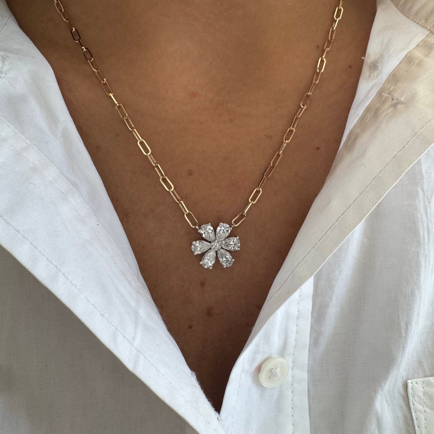 Lab Diamond Flower on Paperclip Necklace
