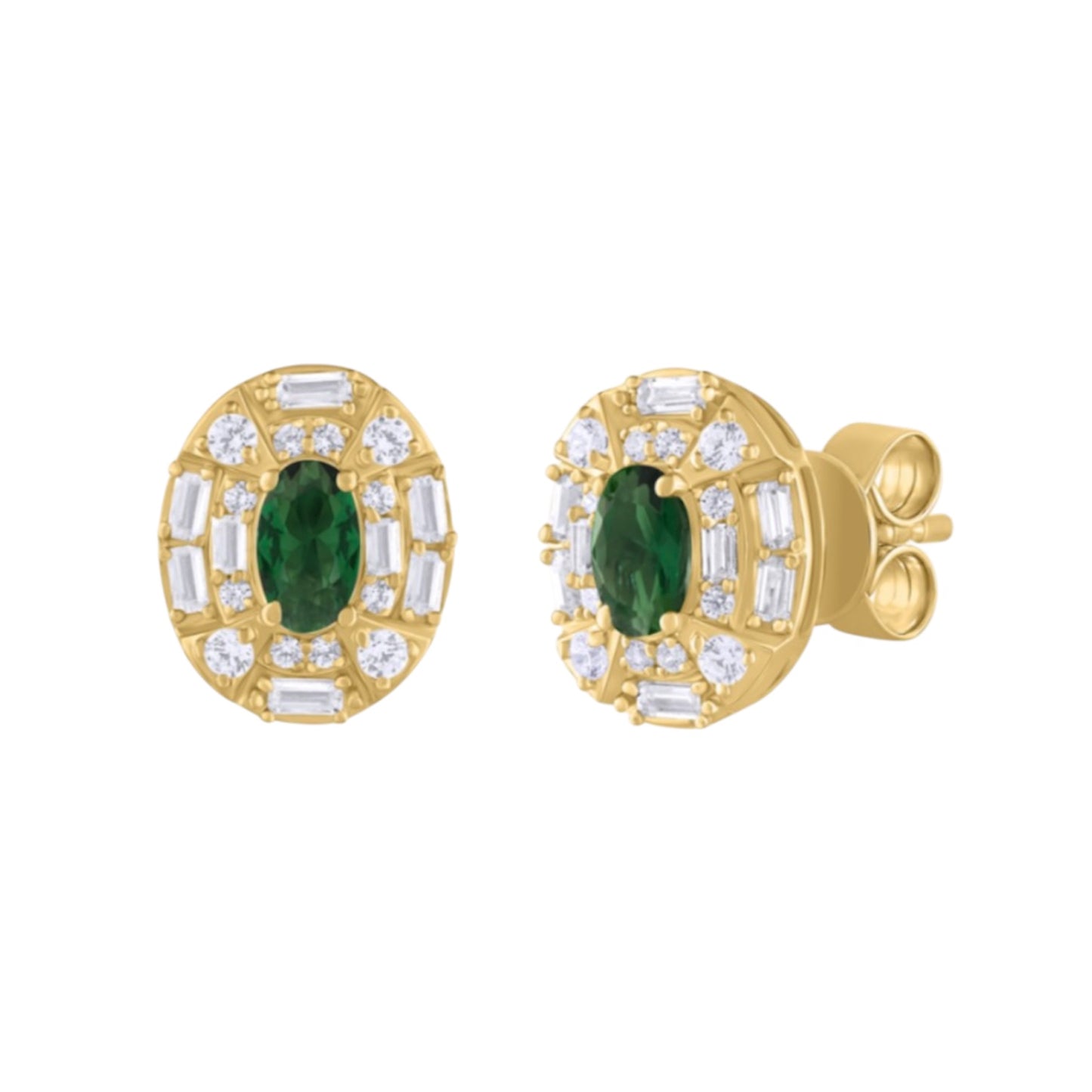 Baguette Diamond Oval Earrings With Colored Stone Center