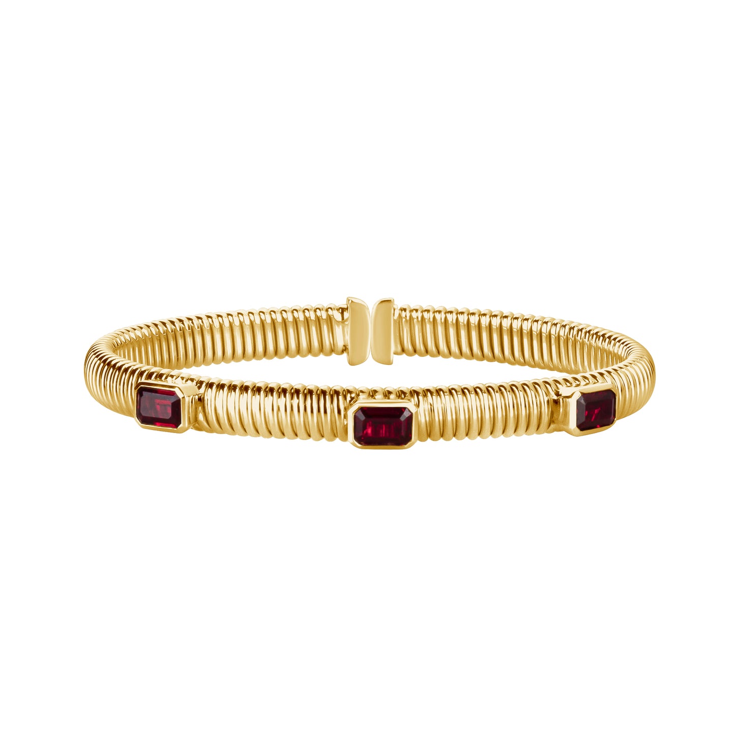 Gold Ribbed Cuff with Three Station Emerald-Cut Rubies