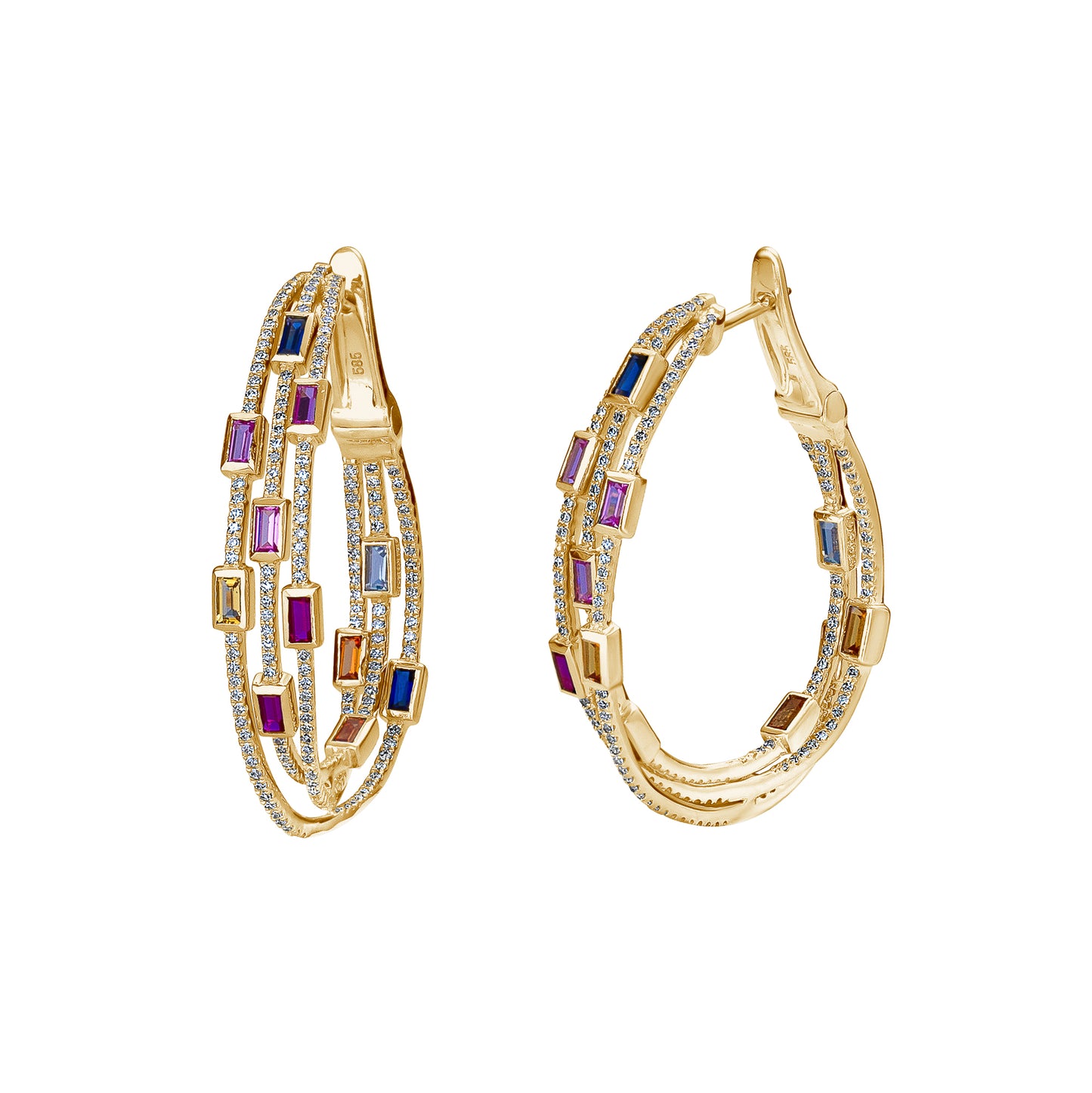 3 Row Diamond & Colored Stone Baguettes Oval Hoops