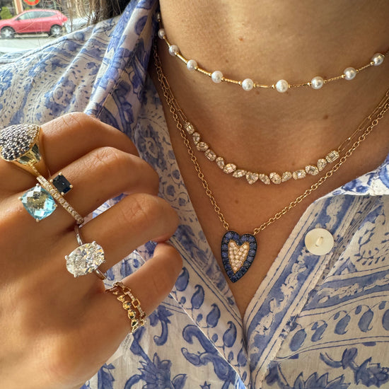 Blue Sapphire & Diamond Elongated Heart on Chunky Chain Necklace