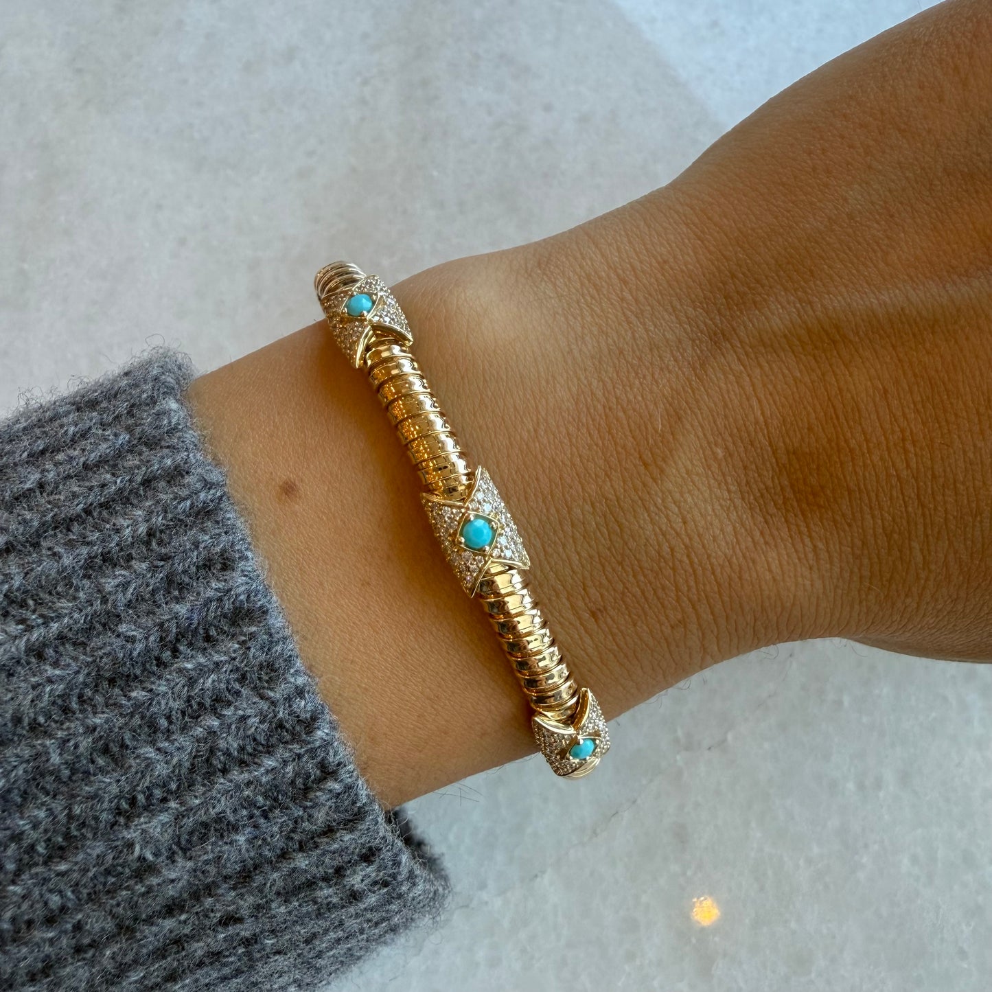 Gold Ribbed Flex Bangle With Three Station Pave Diamonds & Turquoise Stones