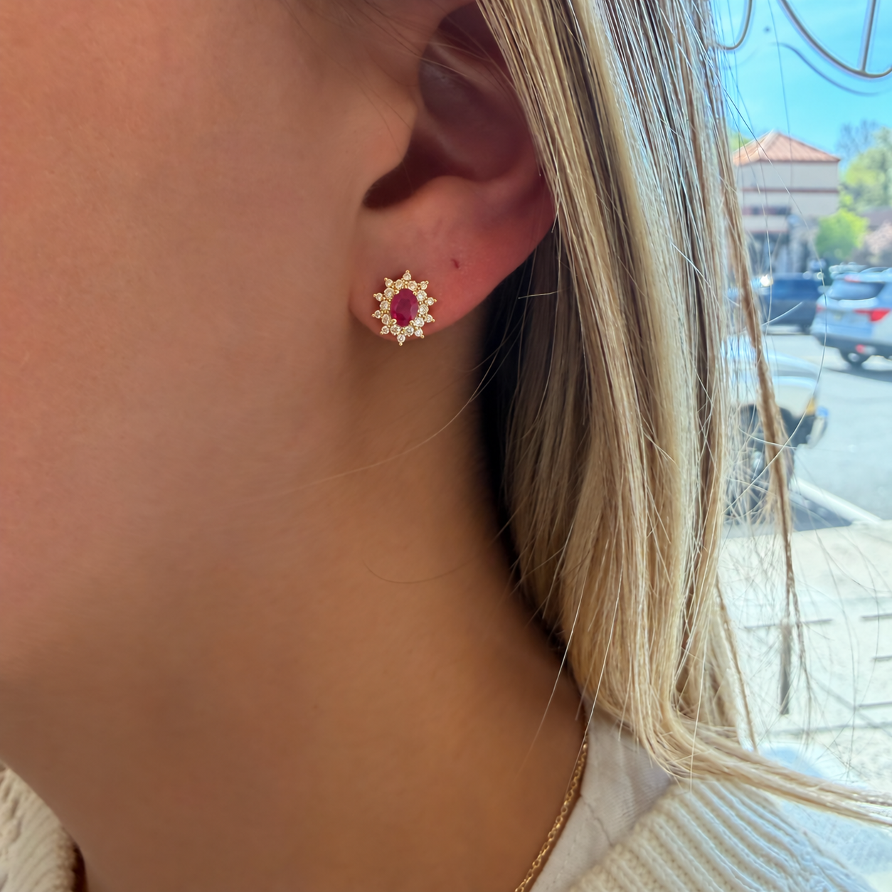 Oval Ruby & Diamond Starburst  Earrings