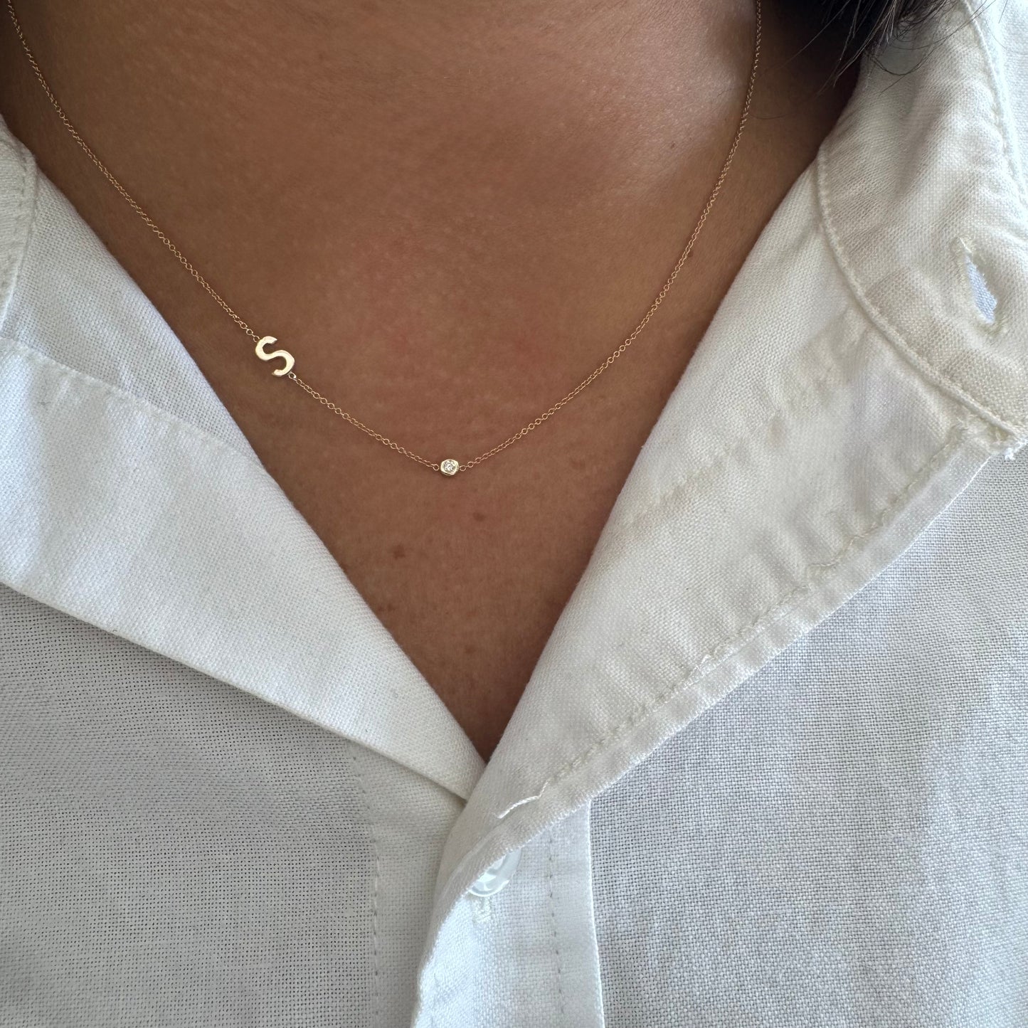 Gold Initial S & Diamond Bezel Necklace