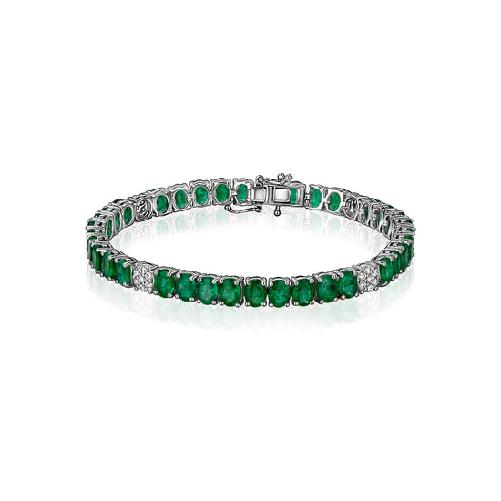 Load image into Gallery viewer, Oval Emerald &amp;amp; 4 Station Diamond Tennis Bracelet
