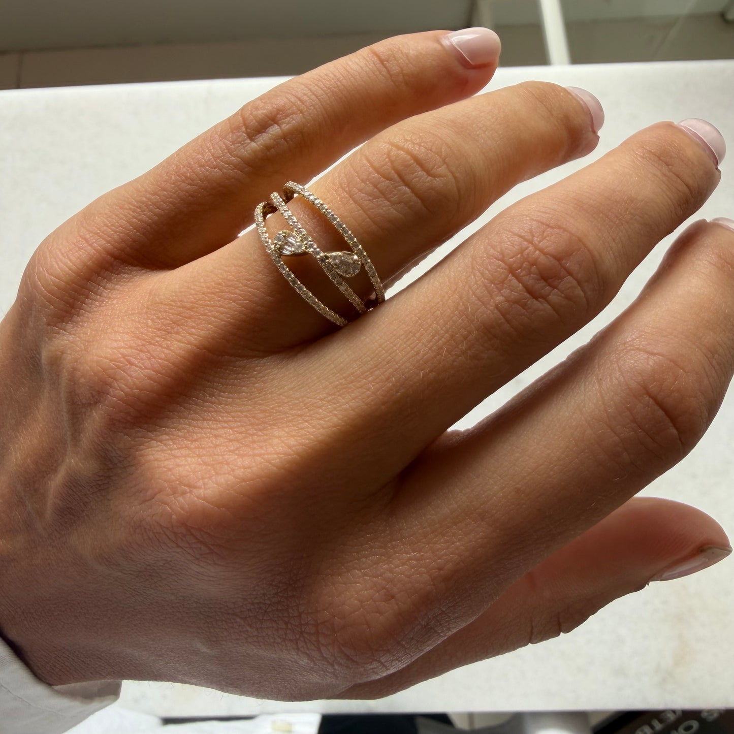 Pavé Diamond Triple-Row Ring with Two Diamond Baguette Pears