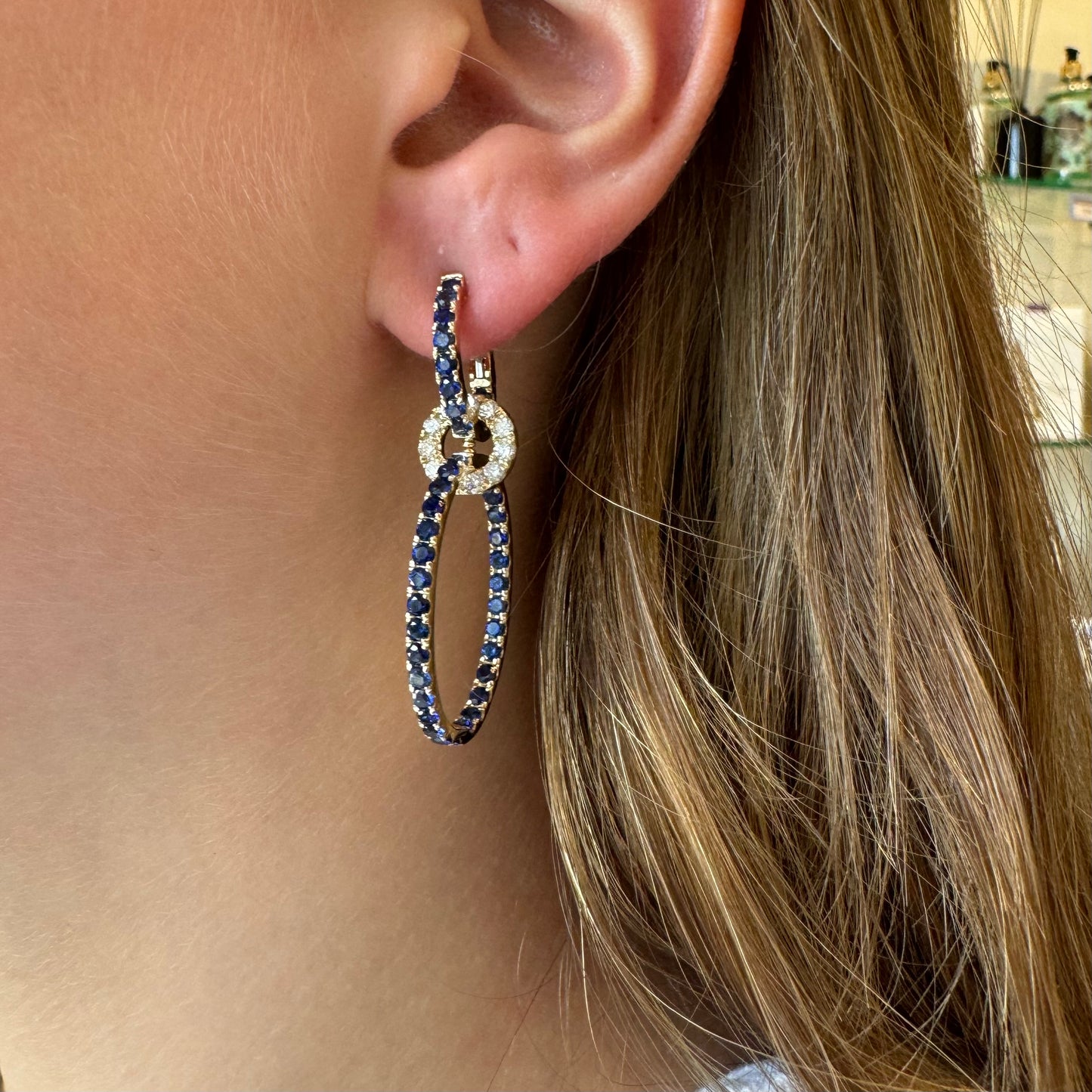 Hanging Blue Sapphire & Diamond Hoop Earrings