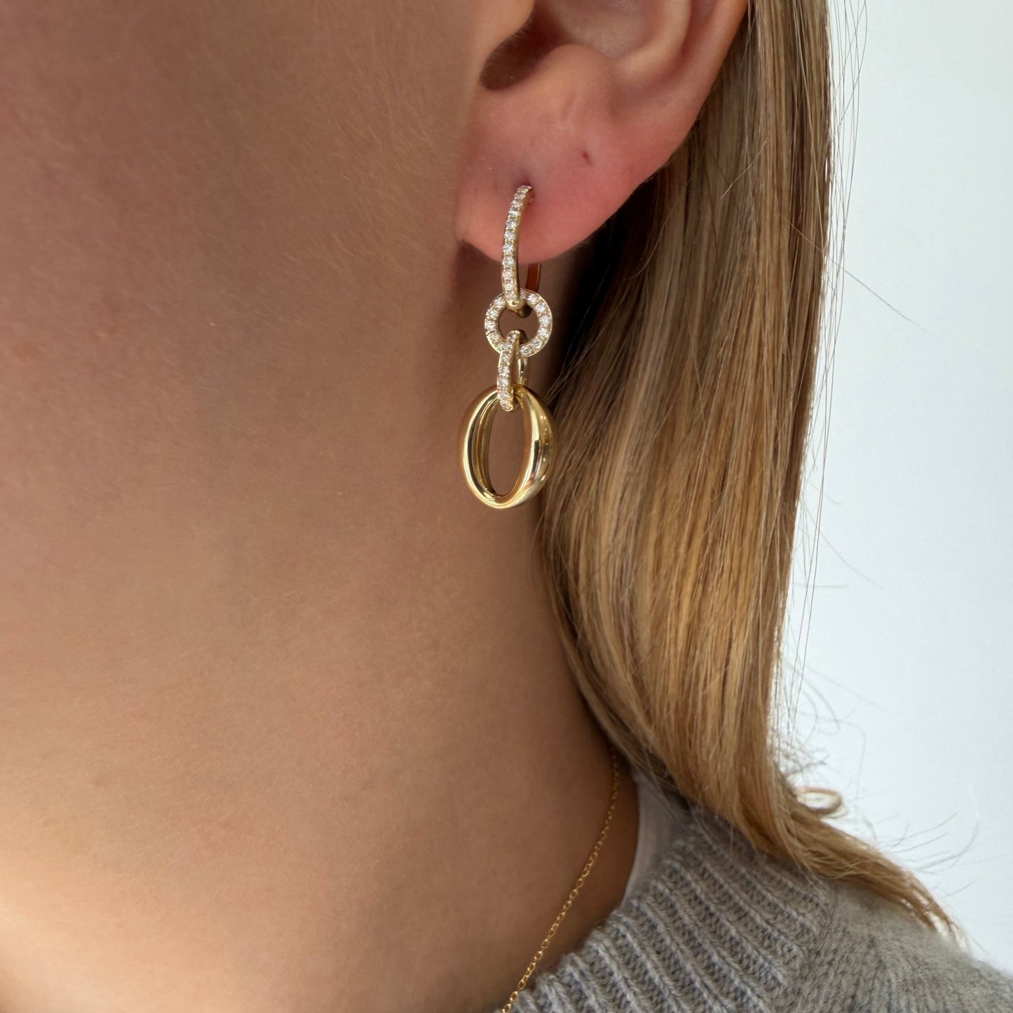 Pave Diamond & Oval Gold Dangle Link Earrings