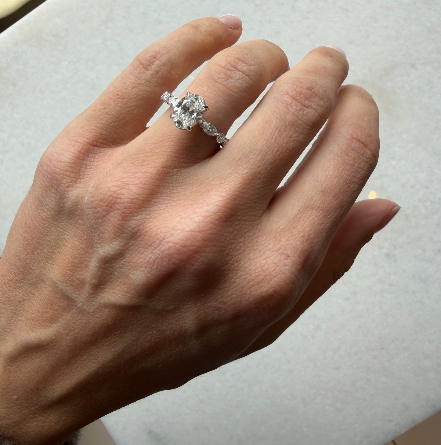Lab Diamond Oval Engagement Ring With Marquee & Round Diamond Band
