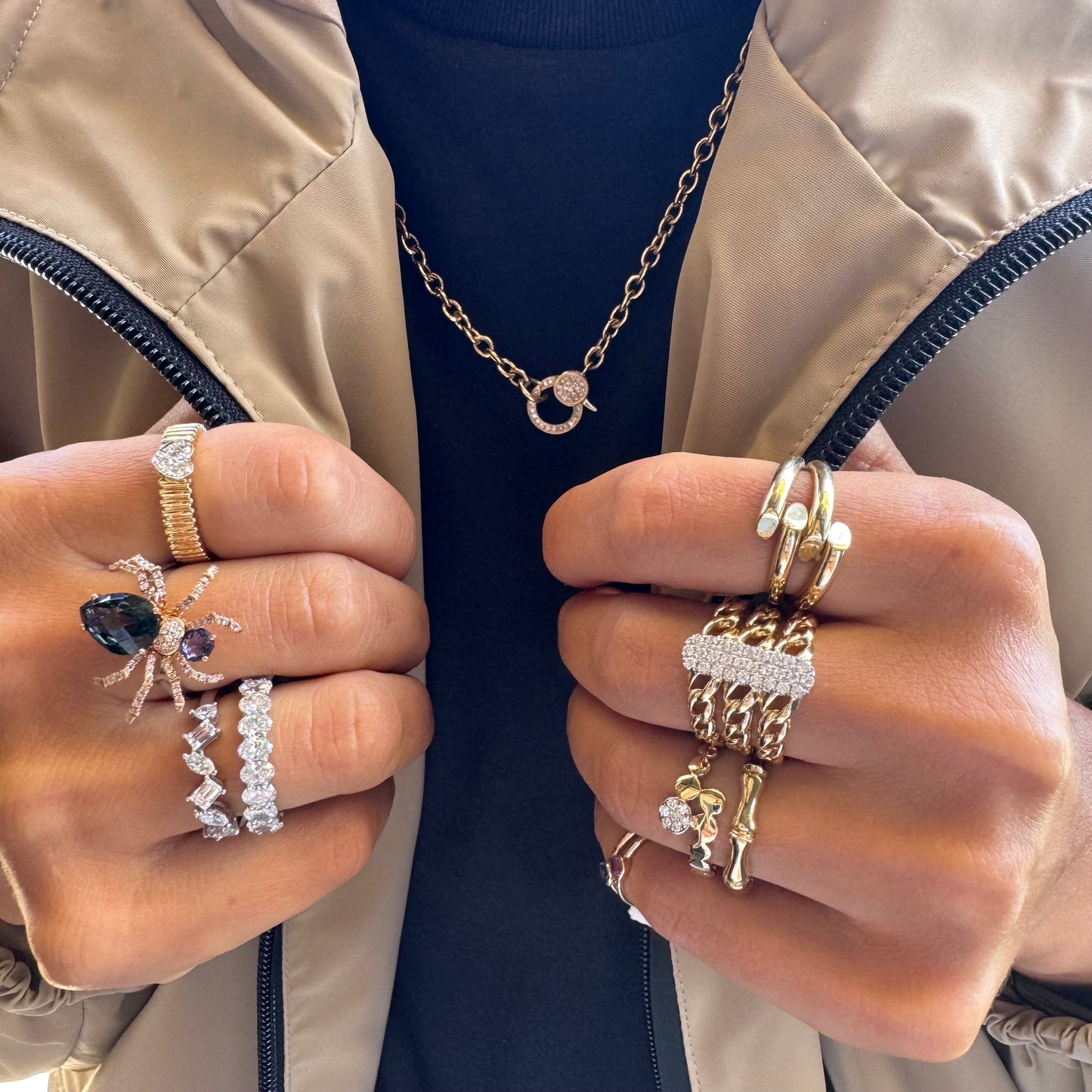 Mini Circle Link Necklace With Double Sided Diamond Clasp