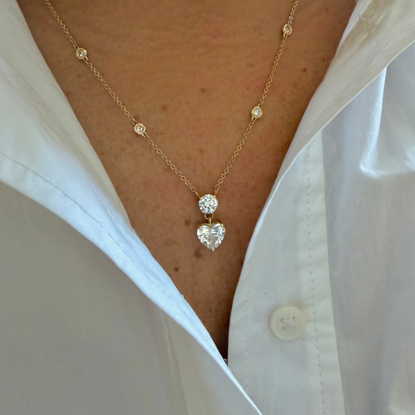 Lab Diamond By Yard Necklace With Round Diamond & Hanging Heart
