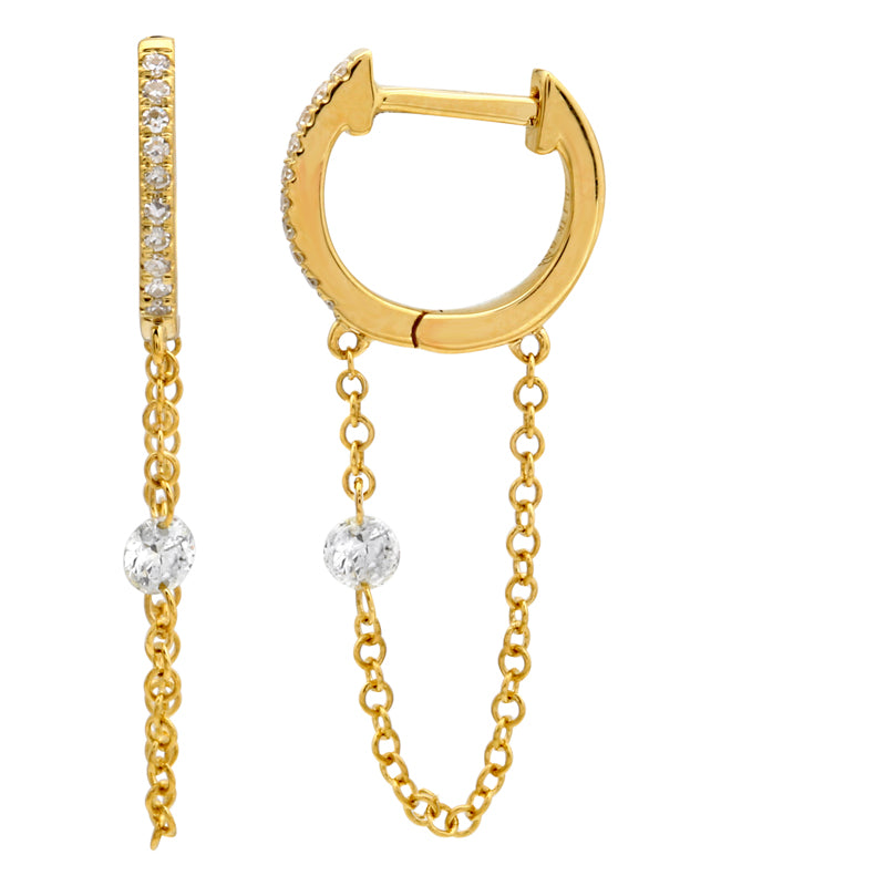 Gold Huggie W Floating Diamond Earrings