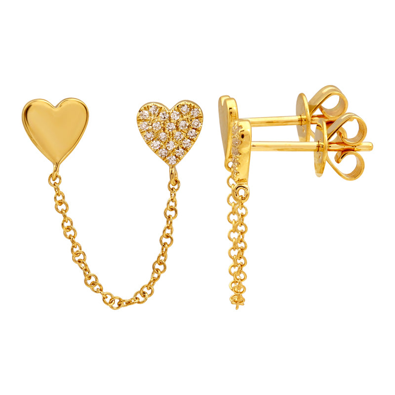 Gold + Diamond Hearts on Chain Earring for Double Piercing (SOLD AS SINGLE)