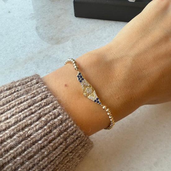 3 MM Stretch Ball Bracelet W Blue Crystal Map of Israel