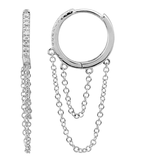 Diamond Huggie Earrings With Hanging Double Chain
