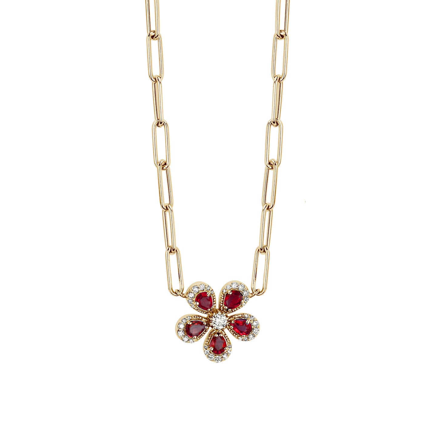 Paperclip Necklace With Colored Stone & Diamond Flower