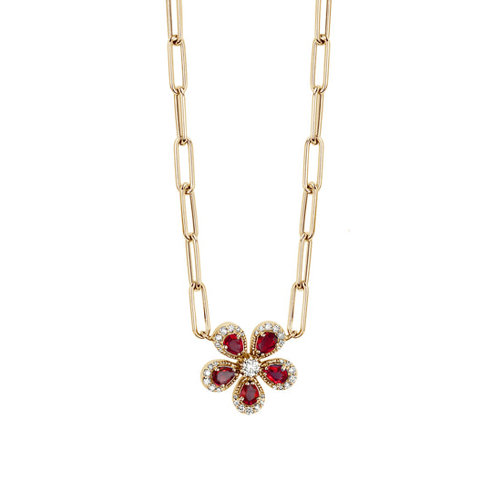 Paperclip Necklace With Colored Stone & Diamond Flower