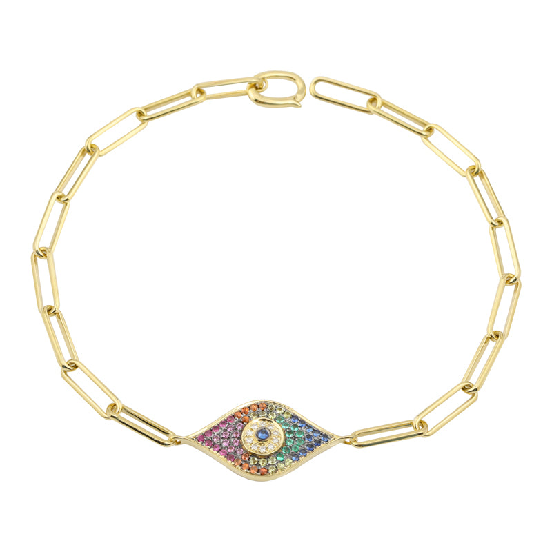 Rainbow Evil Eye on Paperclip Chain Bracelet