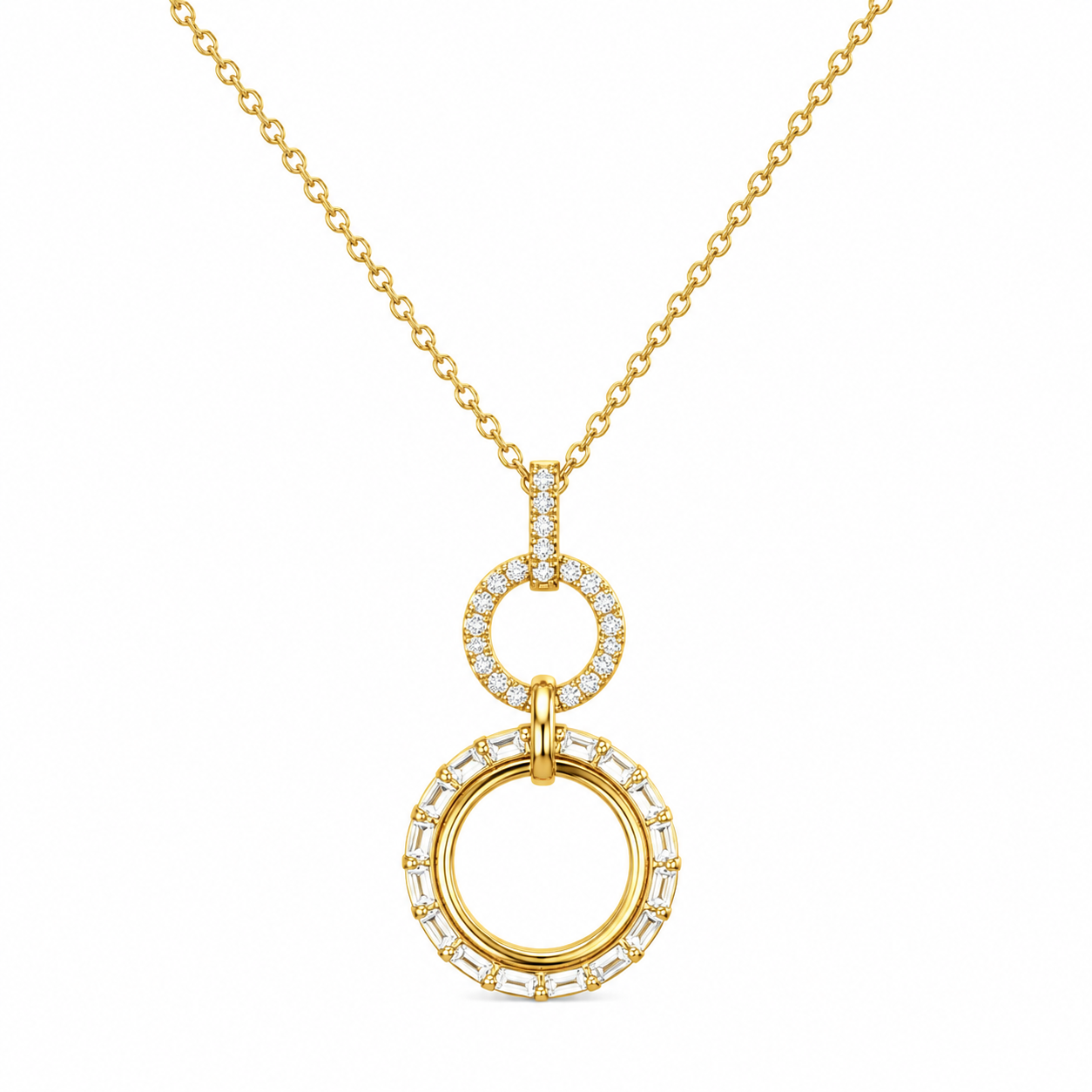 Double Open Circle Necklace with Pave and Baguette Diamonds