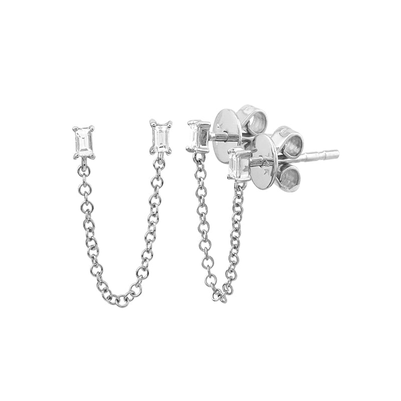 Mini Baguette Diamond Earring With Chain for Double Piercing- SOLD AS SINGLE