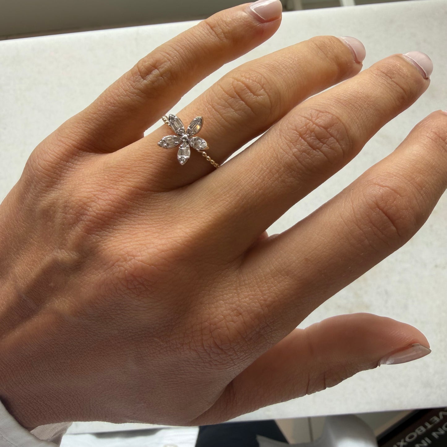 Baguette Diamond Flower Ring on Ball-Detail Band