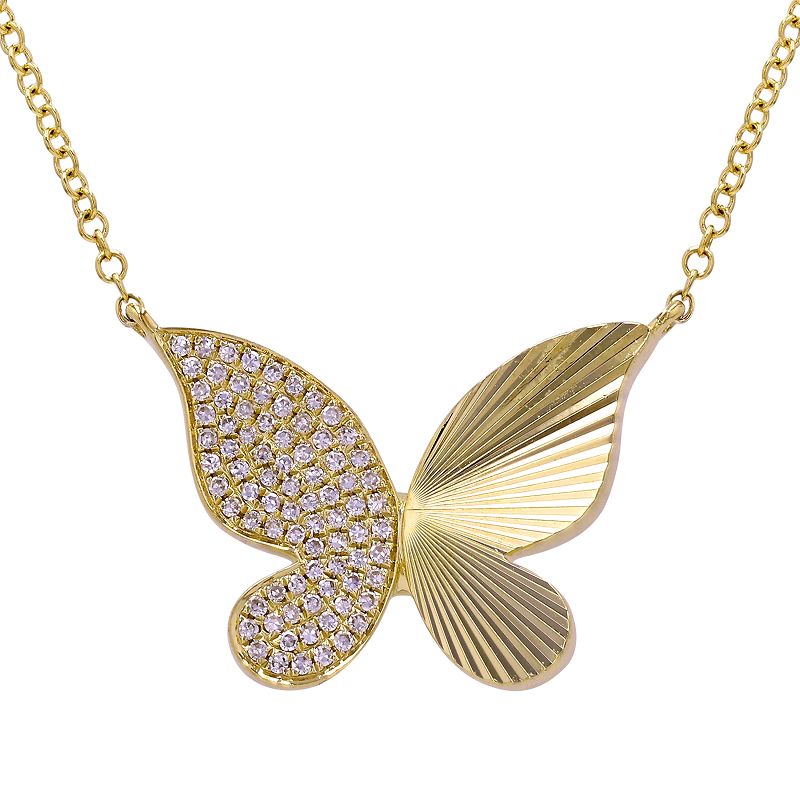 Large Half Ribbed Gold, Half Diamond Butterfly on Chain Necklace