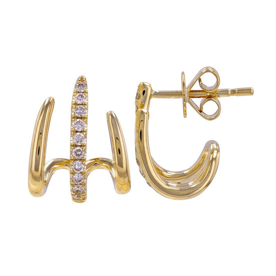 Asymmetrical 3 Line Gold & Diamond Cage Earrings