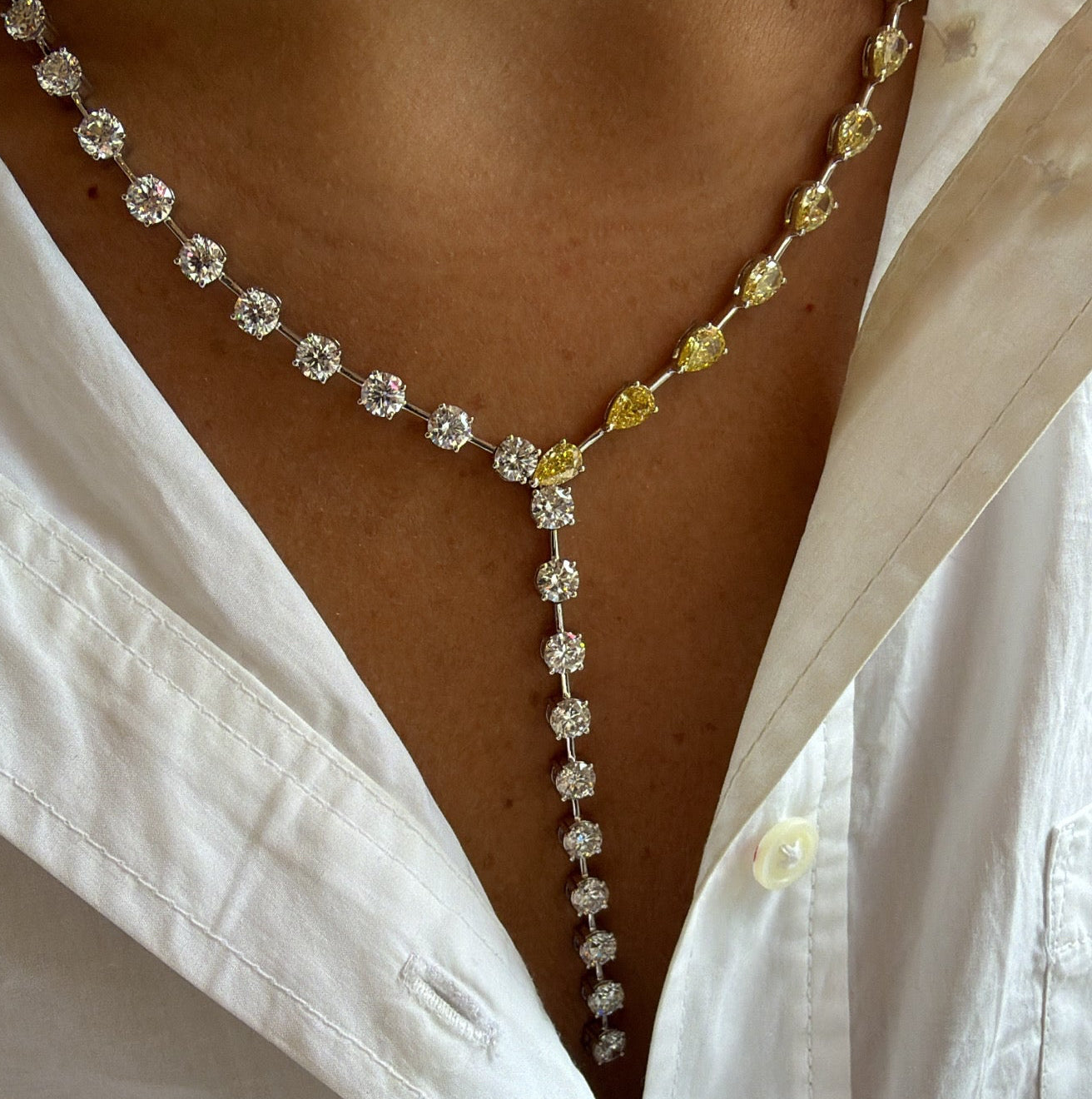 Two Tone Lab Diamond Yellow Pear & Round Necklace With Lariat