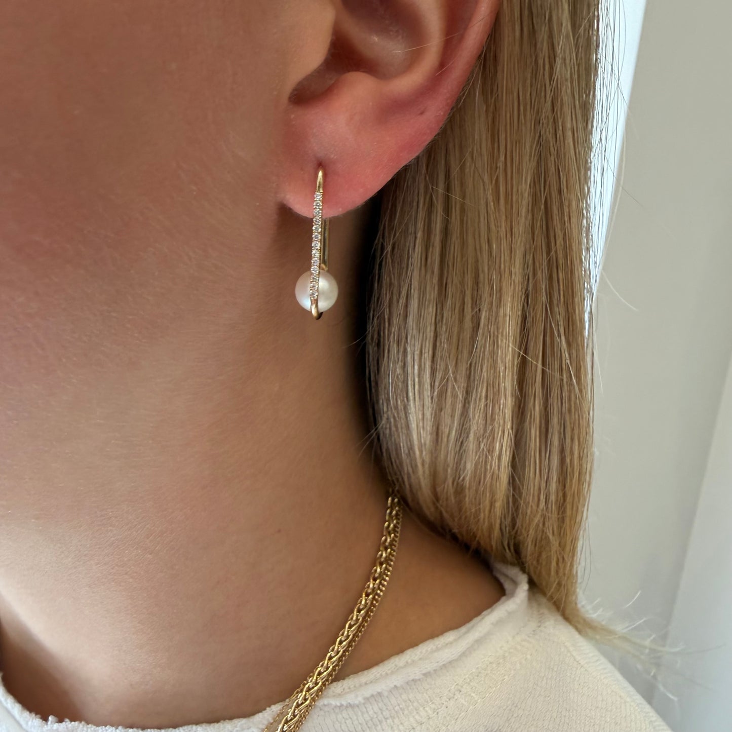 Gold & Diamond Rectangle Hoops with Pearls