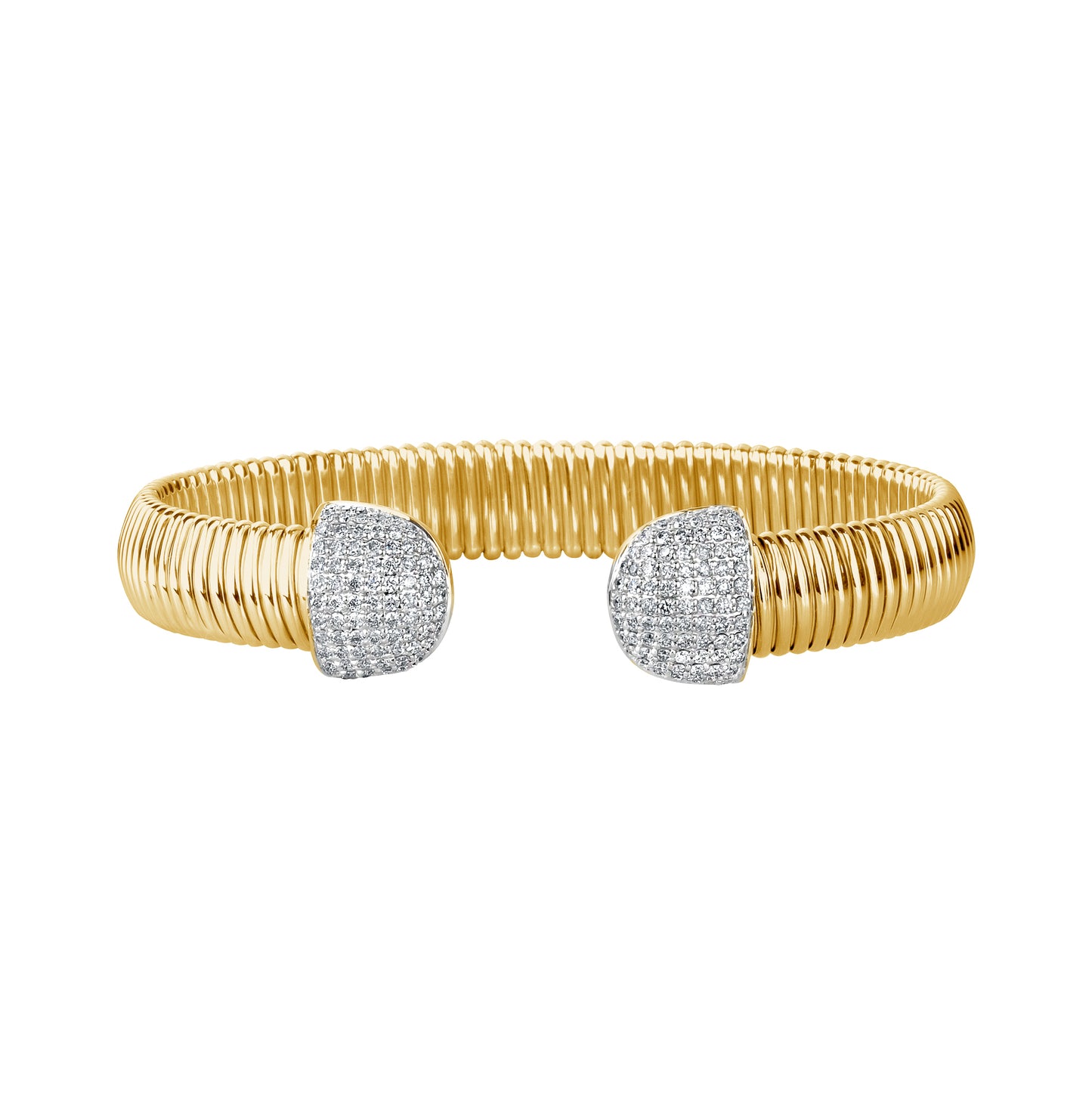 Gold Ribbed Flexible Cuff with Diamond Pave Domes